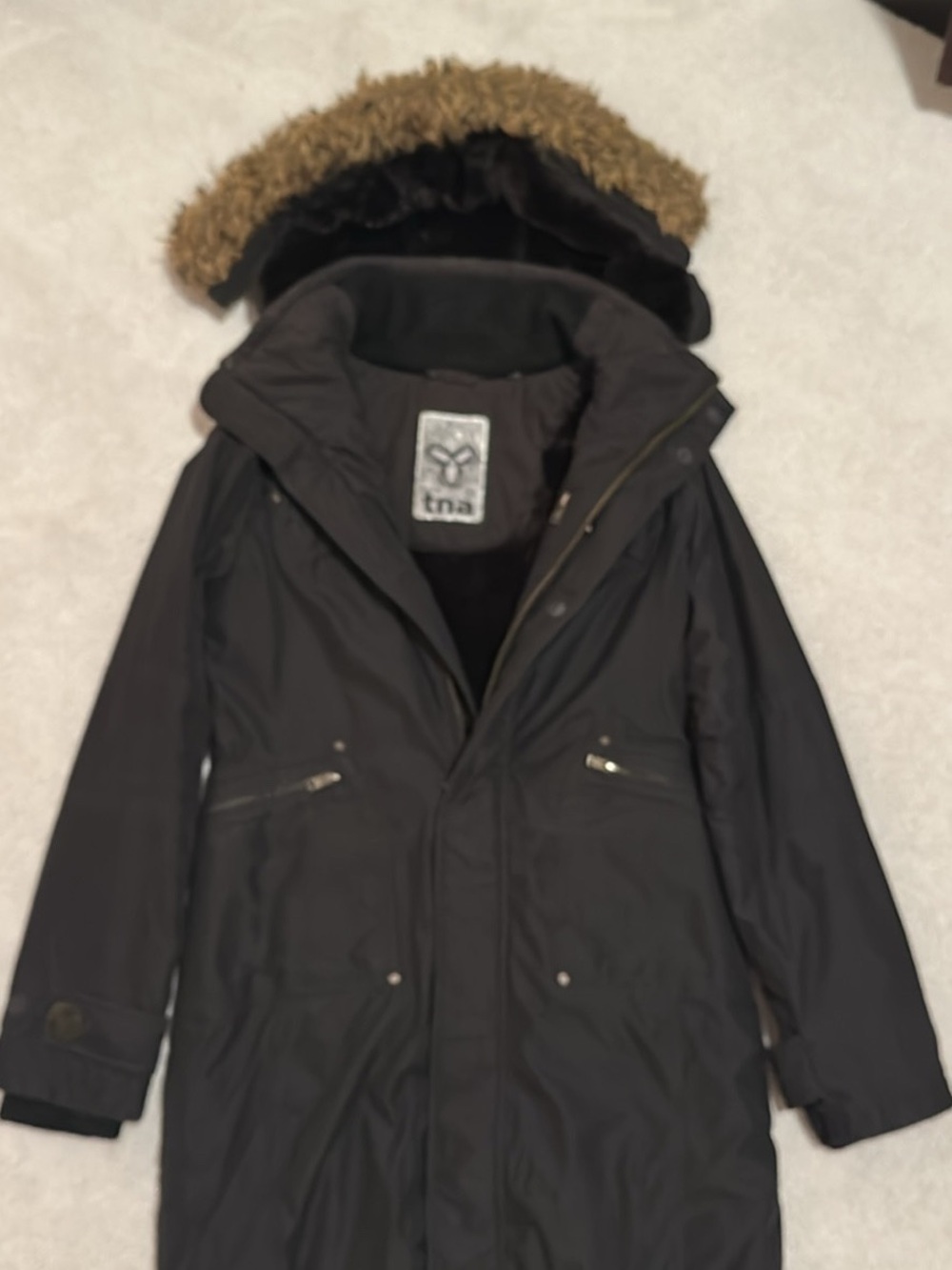 TNA Black Puffer Coat with Faux-Fur Trim